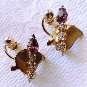 Vintage Brooch Scatter Pins (2) Rhinestones Candle Leaf Design Gold Tone Metal